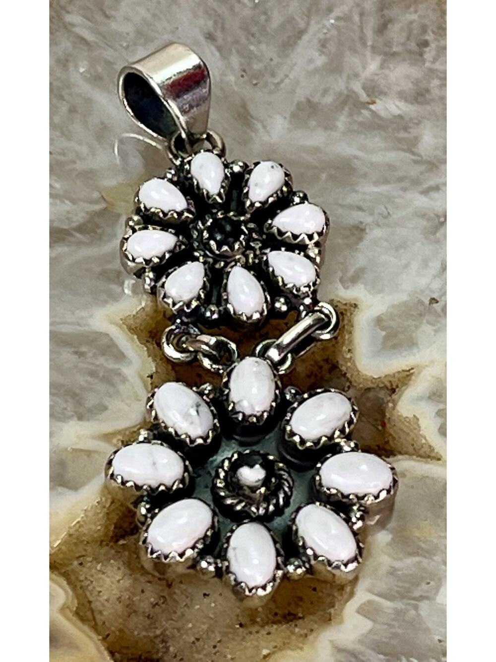 White Buffalo Turquoise Sterling Silver Double Cluster Dangle 2.25” SW Pendant